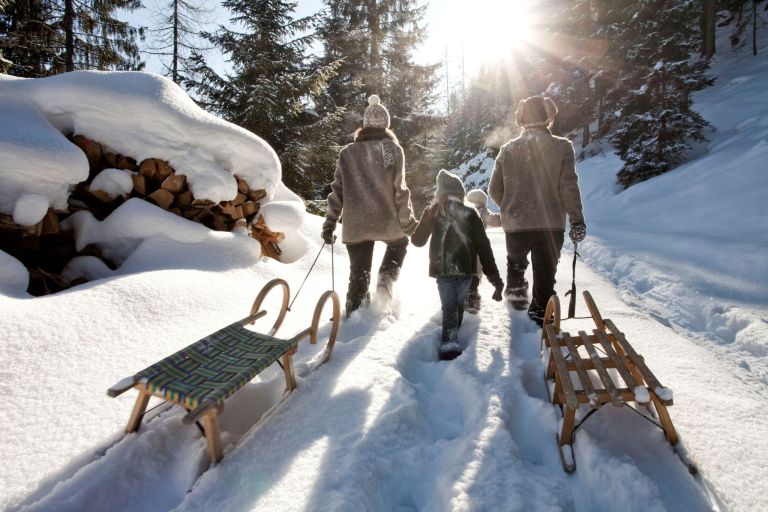Zwei Eltern, die je einen Schlitten ziehen, und zwei Kinder auf einem verschneiten Waldweg im Gegenlicht.