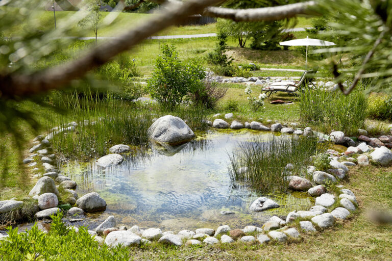 Een vijver met waterplanten, omringd door stenen, met op de achtergrond groene heuvels en huizen in het alpiene dal bij Hotel Singer in Berwang.