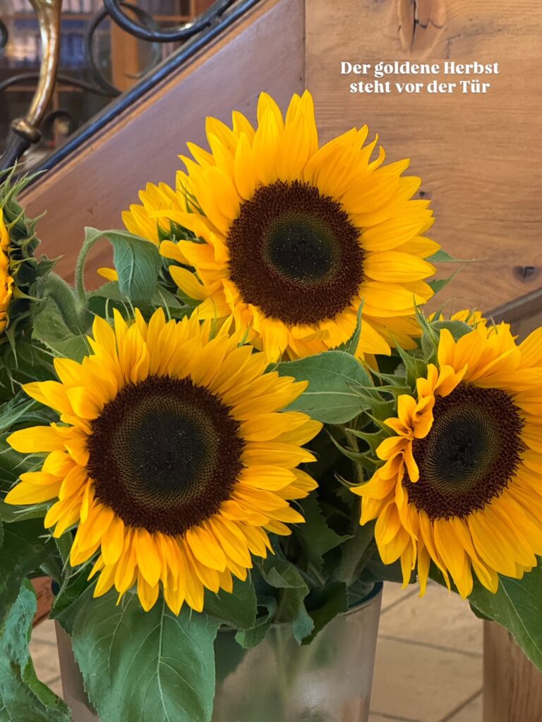 Eine Vase mit Sonnenblumen.