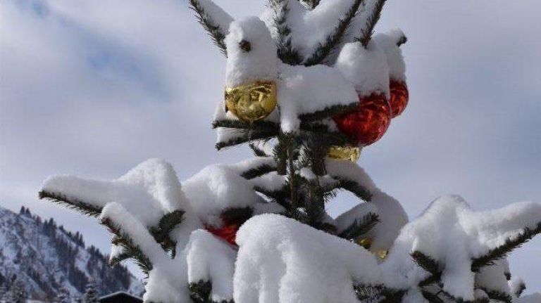Tannenzweige mit roten und goldenen Christbaumkugeln, schwer von frischem Schnee bedeckt; Bergkulisse unter wolkigem Himmel.
